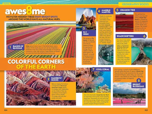 Page from a book or magazine featuring colorful corners of the Earth with images and text.