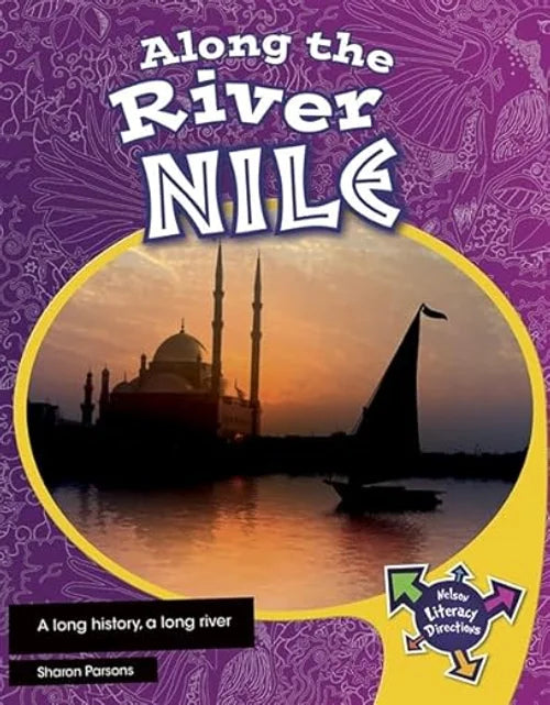 Book cover of 'Along the River Nile' with a purple background and silhouette of a mosque and boat.