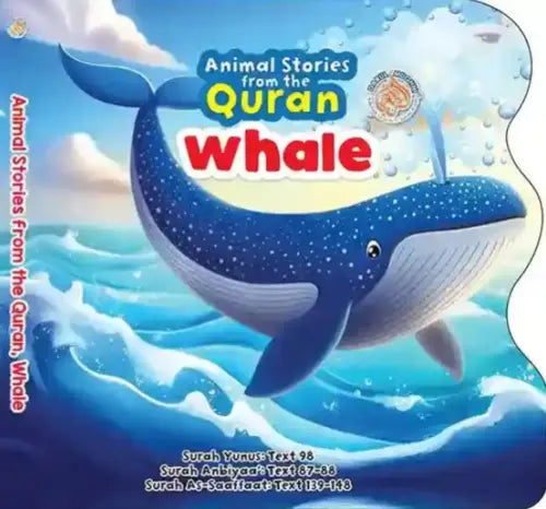 Book cover of 'Animal Stories from the Quran: Whale' with a whale illustration on a blue background.