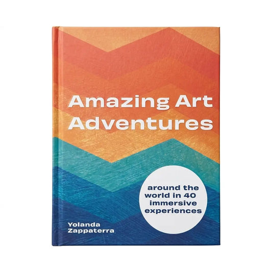 The front cover of the hardcover book 'Amazing Art Adventures' by Yolanda Zappaterra, featuring a colorful geometric chevron pattern in orange, yellow, teal, and blue with white text.