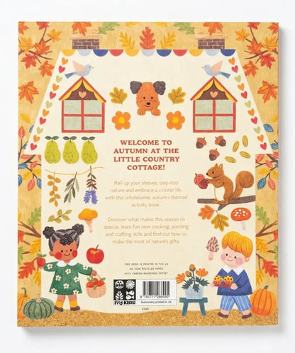 Back cover of a children's book with autumn-themed illustrations and text.