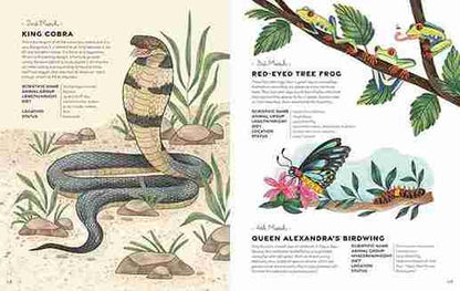 Illustrated page from a book featuring a king cobra, red-eyed tree frog, and Queen Alexandra's birdwing.
