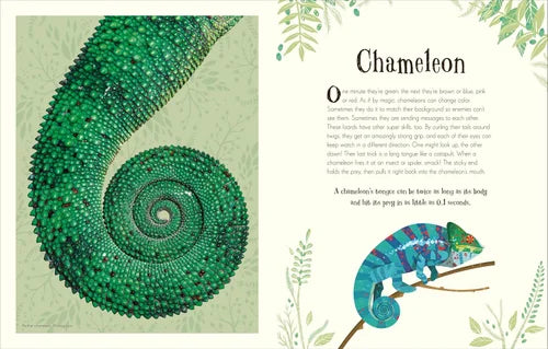 Book page with a chameleon illustration and text on a green background
