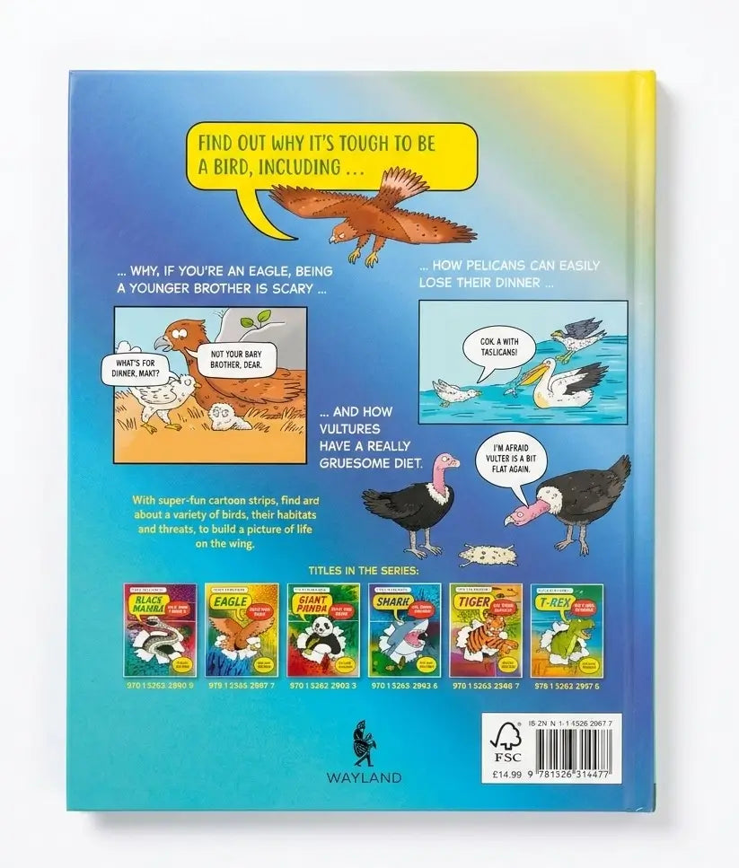 Back cover of a Wayland brand children's book featuring colorful cartoon illustrations, text panels, and a barcode on a blue-to-yellow gradient background.