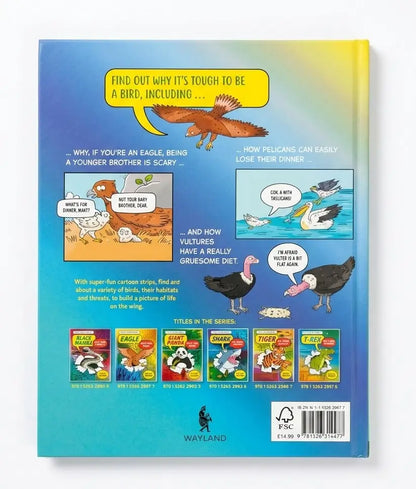 Back cover of a Wayland brand children's book featuring colorful cartoon illustrations, text panels, and a barcode on a blue-to-yellow gradient background.