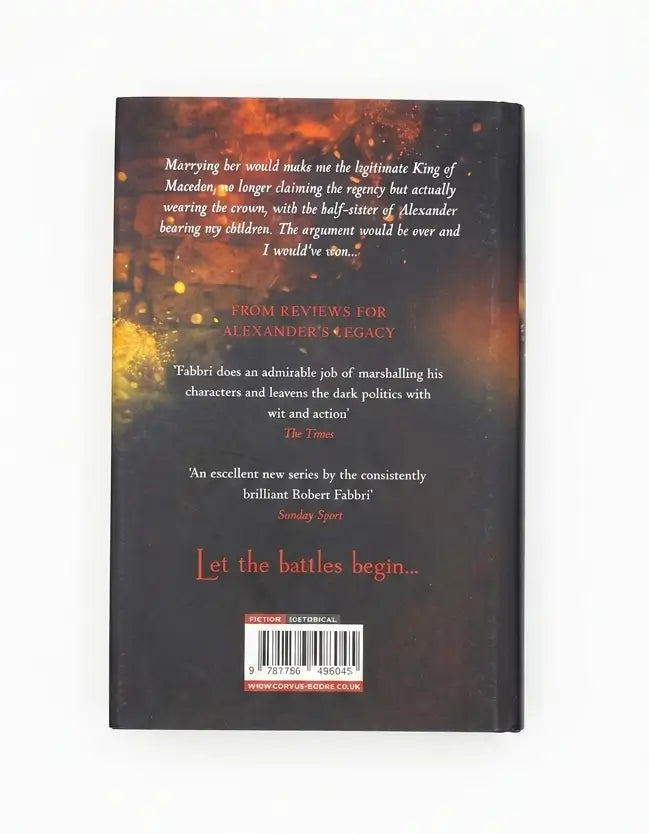 The back cover of the book 'Alexander's Legacy' by Fabbi, featuring glowing embers on a dark background with white and red text and a barcode at the bottom.
