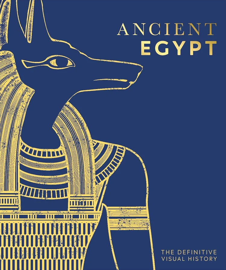 Book cover of 'Ancient Egypt: The Definitive Visual History' with an illustration of a Egyptian deity on a blue background.
