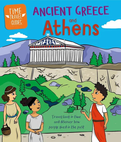 Book cover of 'Ancient Greece and Athens' with a cartoon illustration of people and a temple.
