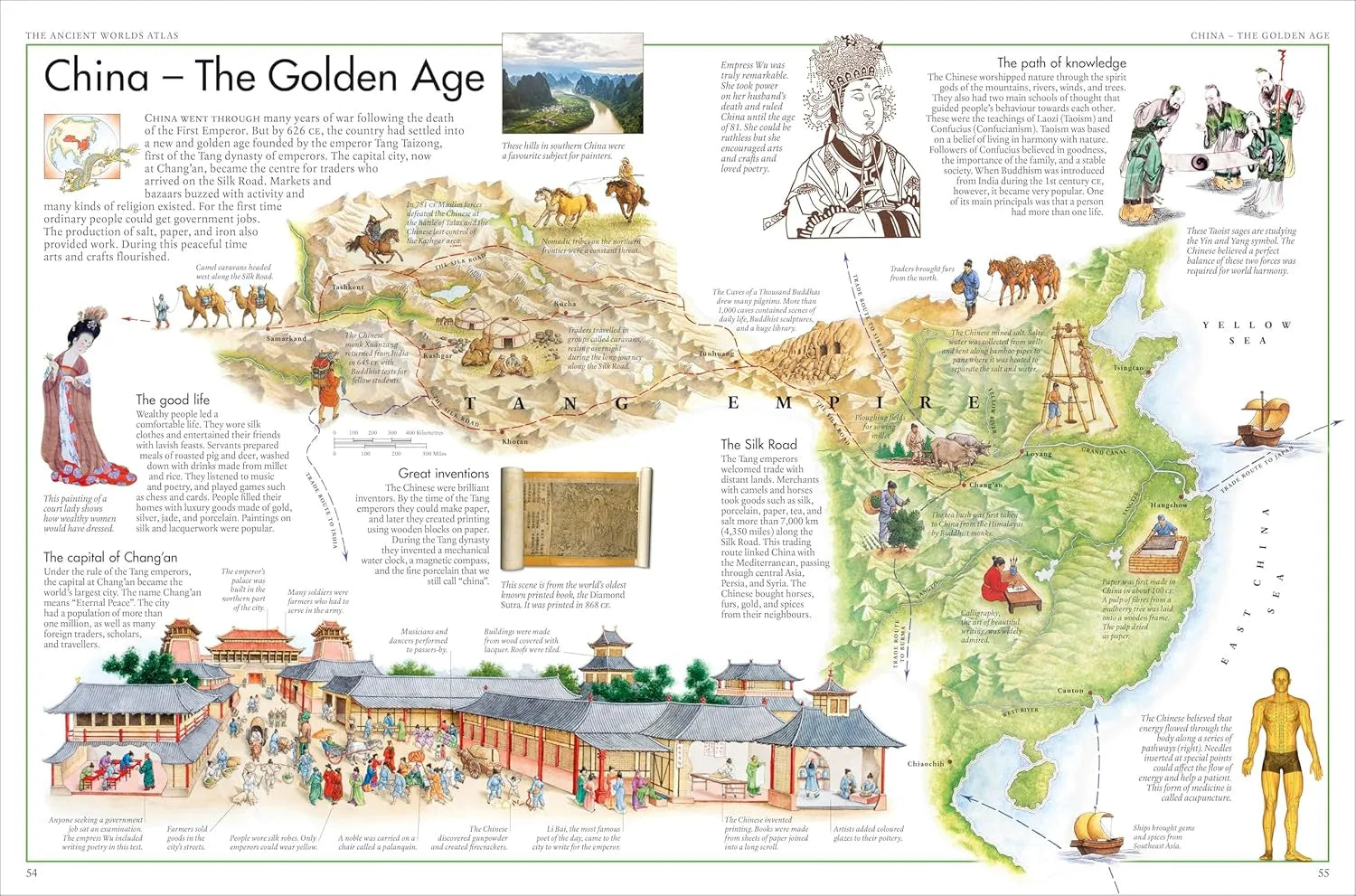 Map of China during the Golden Age with illustrations and text