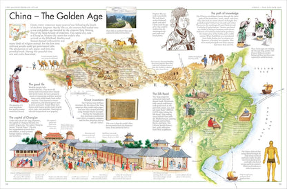 Map of China during the Golden Age with illustrations and text