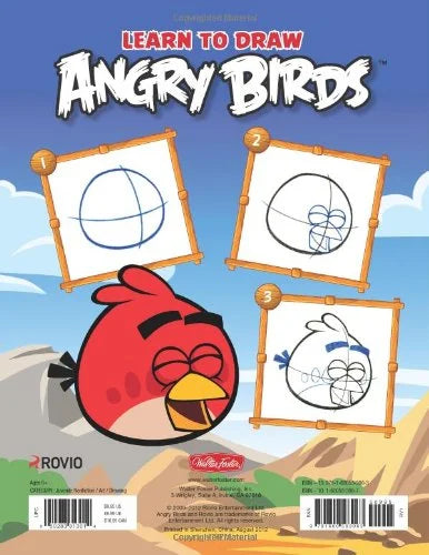 Book cover of 'Learn to Draw Angry Birds' with illustrations and text on a blue sky background.