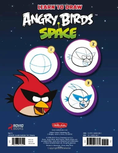 Back cover of a book titled 'Learn to Draw Angry Birds Space' with step-by-step illustrations and Rovio logo.