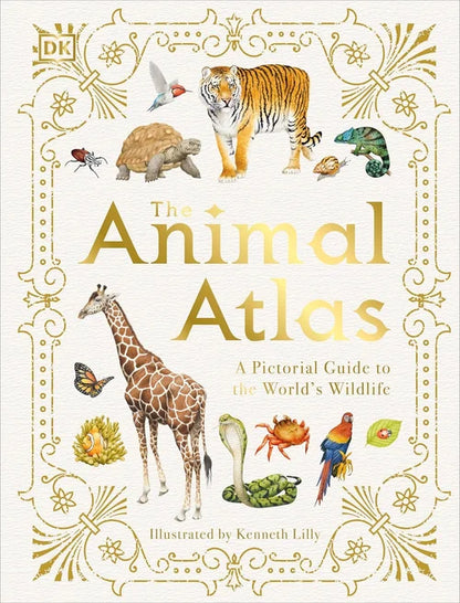 Book cover of 'The Animal Atlas' with illustrations of various animals on a decorative background.