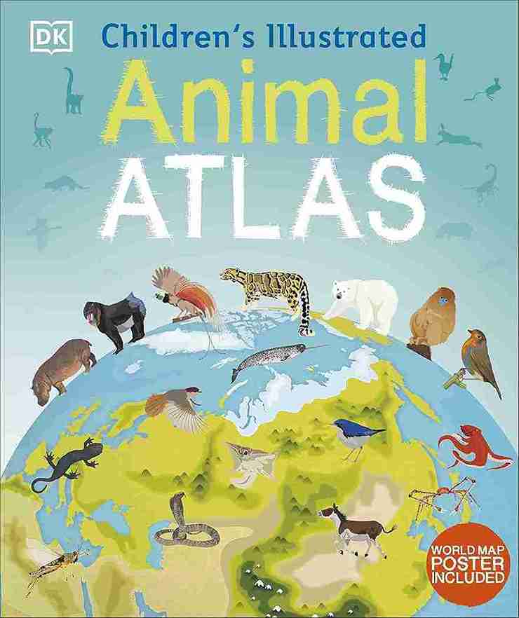 Children's Illustrated Animal Atlas with world map and animal illustrations on a blue background