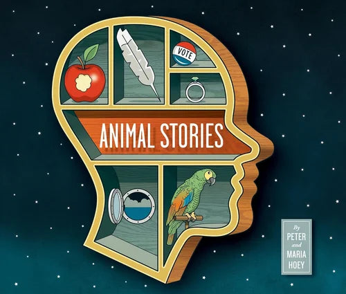 Illustration of a head with compartments containing icons and text 'Animal Stories' on a dark background.