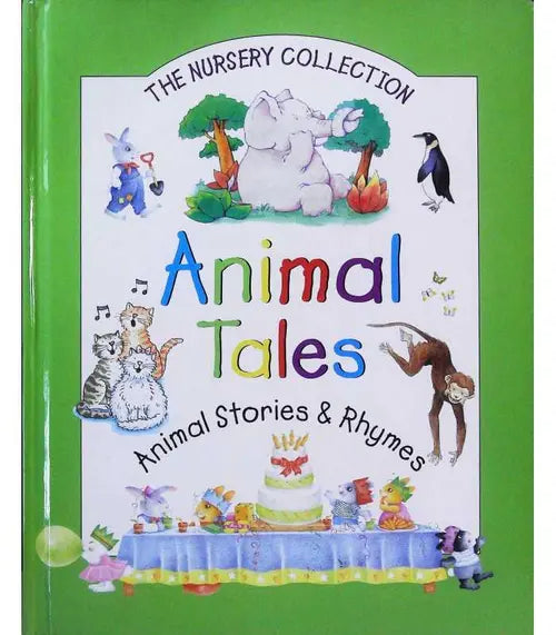 Children's book titled 'Animal Tales' with colorful illustrations on a green background