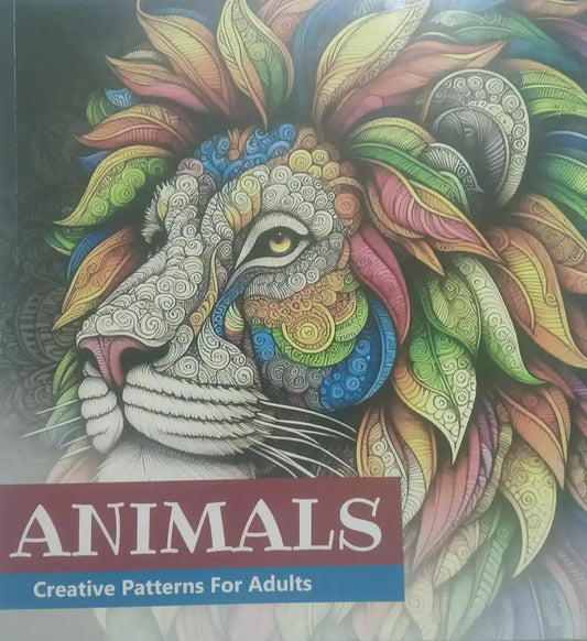 Colorful book cover of 'Animals: Creative Patterns For Adults' with a lion illustration.