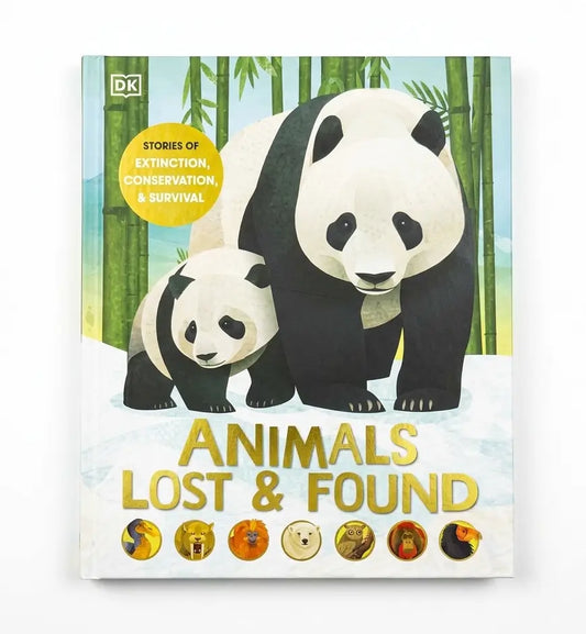 DK Children's Books 'Animals Lost & Found' hardcover book featuring an illustration of a panda mother and child in front of bamboo trees, with a yellow circular badge on the top left.