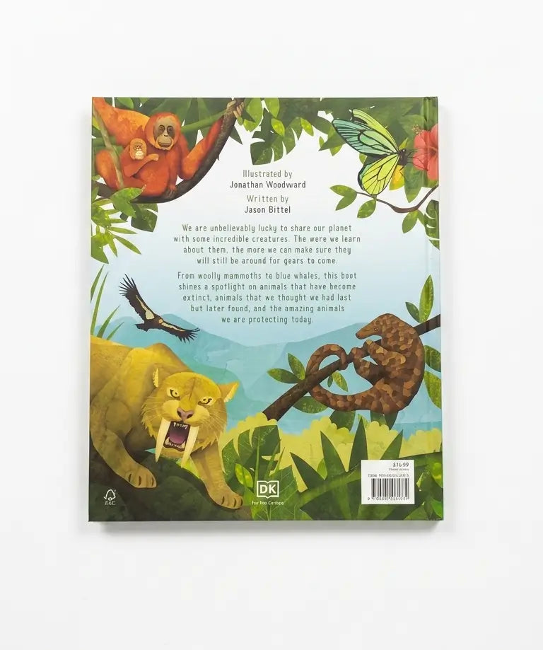 The back cover of the DK Children's Book 'We Are Unbreakable' by Jonathan Woodward and James Biffel, featuring a vibrant, colorful illustration of a lion, a sloth, a butterfly, and a bird in a lush jungle scene.