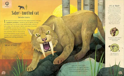 Illustration of a saber-toothed cat with educational text on a colorful background