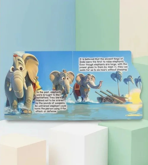 Illustrated book page with elephants and text on a light blue background