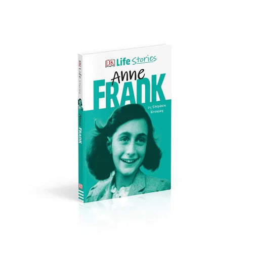 Book cover of 'DK Life Stories Anne Frank' with a portrait of Anne Frank on a white background
