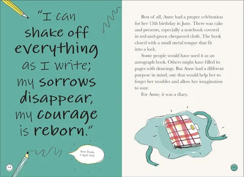 Book page with text and illustration of a notebook with a lock on a teal background