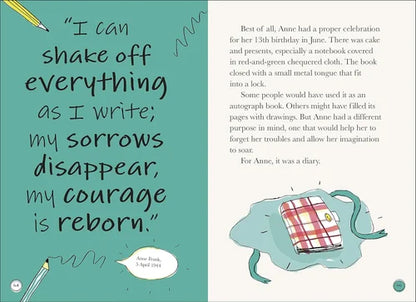 Book page with text and illustration of a notebook with a lock on a teal background