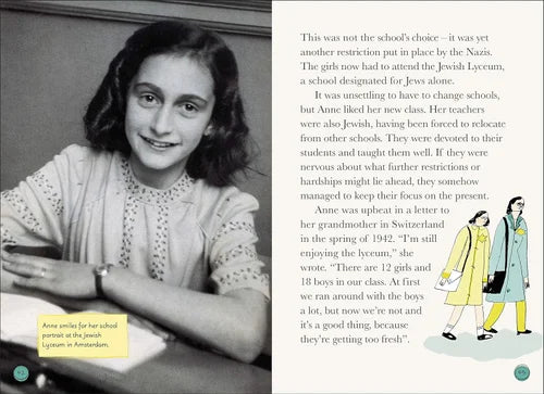 Black and white photo of a young girl with text on a school setting