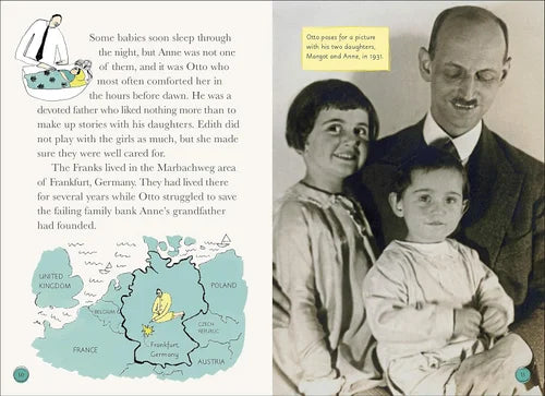 Book page with black and white photo of a family, text, and map on the left.