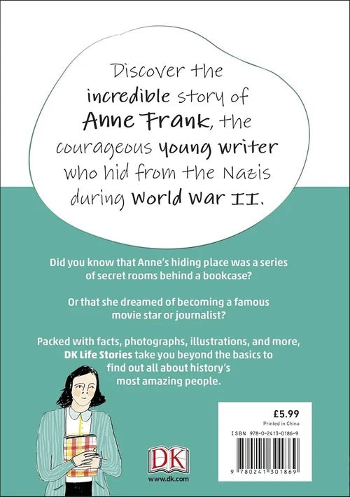 Book cover with text about Anne Frank and a DK logo