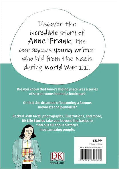 Book cover with text about Anne Frank and a DK logo