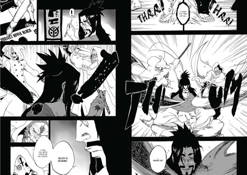 Black and white comic book panel layout with dynamic action poses and text bubbles.