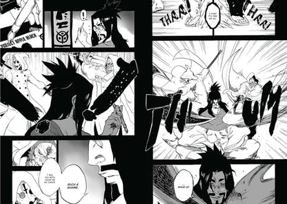 Black and white comic book panel layout with dynamic action poses and text bubbles.