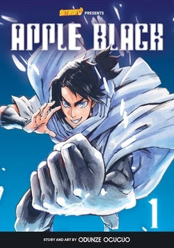 Book cover of 'Apple Black' with a character in a dynamic pose against a blue background