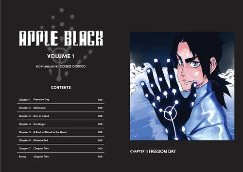 Book cover of 'Apple Black Volume 1' with character holding glowing glove on black background