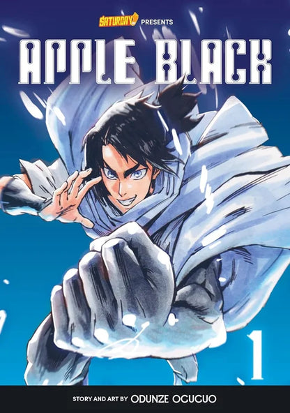 Book cover of 'Apple Black' with a character in a dynamic pose against a blue background
