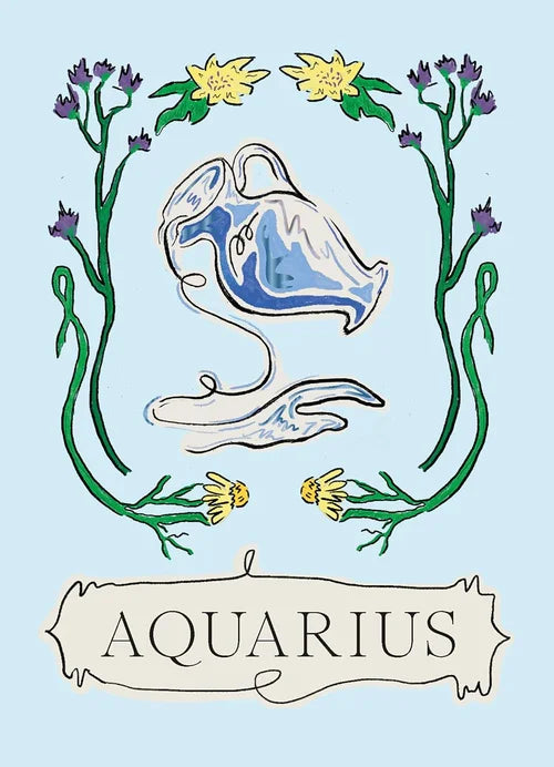 Aquarius zodiac sign illustration with decorative elements on a light blue background