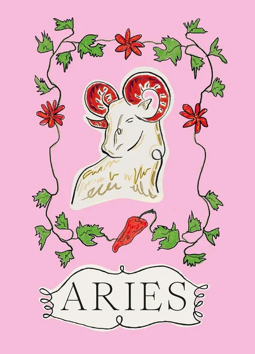 Illustration of a ram with 'ARIES' text on a pink background