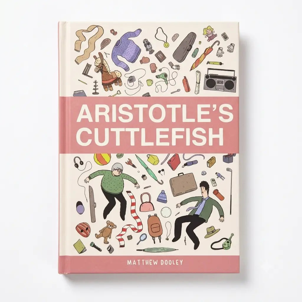 The book 'Aristotle's Cuttlefish' by Matthew Booley, featuring a cream-colored cover with a wide pink band across the middle and whimsical hand-drawn illustrations of objects and people.