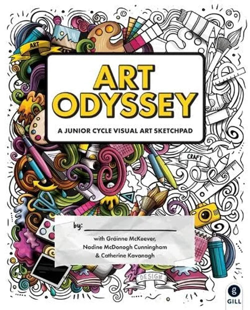Book cover of 'Art Odyssey' with colorful doodles and art supplies.