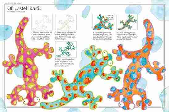 Colorful oil pastel lizards illustration with step-by-step drawing guide.
