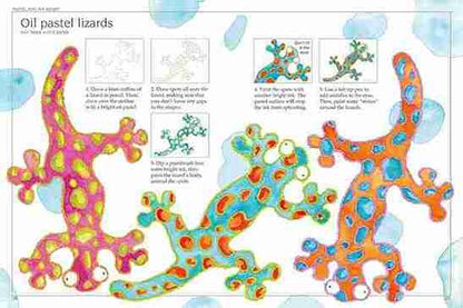 Colorful oil pastel lizards illustration with step-by-step drawing guide.