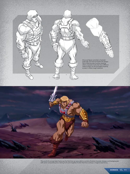 Character design process with initial sketches and final animated character in a desert setting