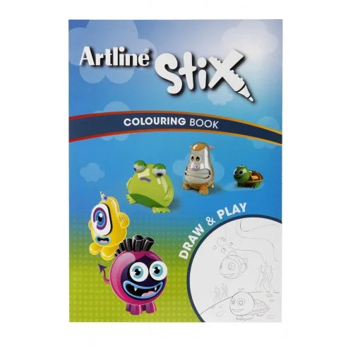 Artline Stix colouring book with cartoon characters on a blue and green gradient background