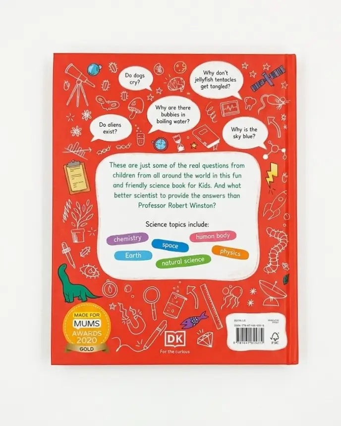The back cover of a children's science book by DK, featuring a bright red background with white line drawings of scientific instruments and bubbles of text, plus a gold Made for Mum's Choice 2020 Gold badge.