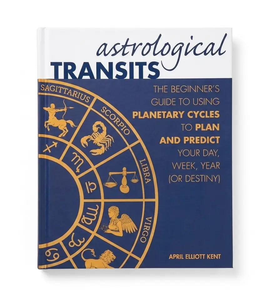 Astrological Transits book cover by April Elliott Kent, featuring a navy blue and white design with gold zodiac wheel graphics and text.