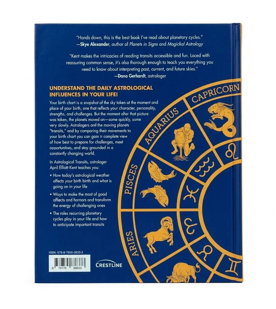 The back cover of a blue astrology book titled 'Understand the Daily Astrological Influences in Your Life' by Steve Alexander, featuring a large gold zodiac wheel with illustrations of various signs and several text blocks.
