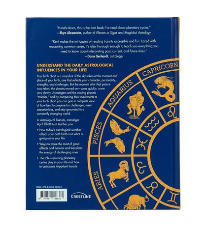 The back cover of a blue astrology book titled 'Understand the Daily Astrological Influences in Your Life' by Steve Alexander, featuring a large gold zodiac wheel with illustrations of various signs and several text blocks.