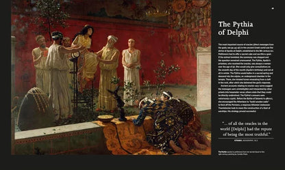 Artistic depiction of the Pythia of Delphi with classical attire and setting.